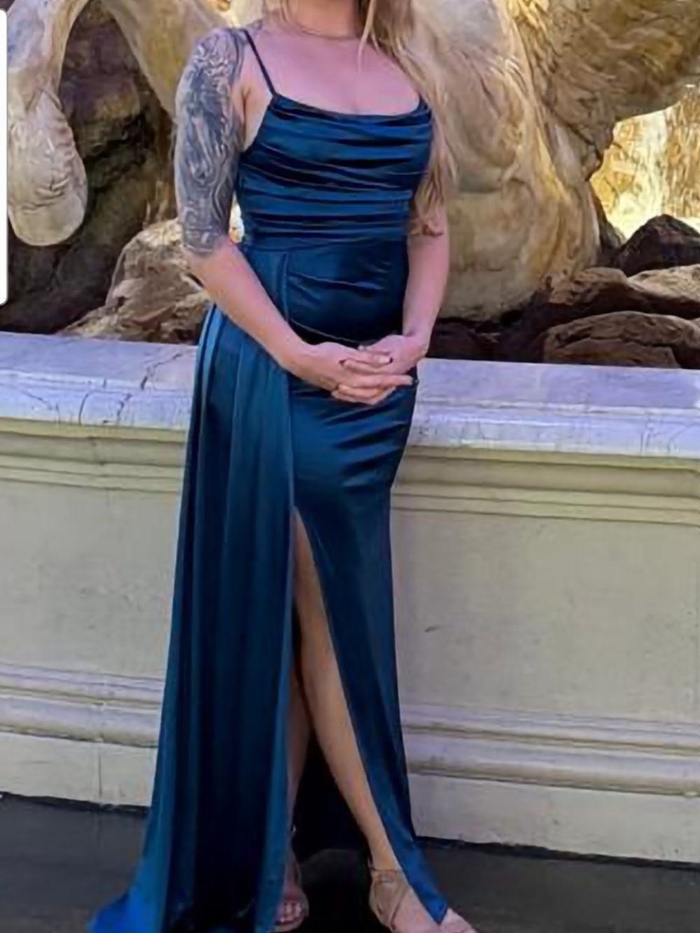 B Darlin Teal Satin Prom Dress with Thigh Slit